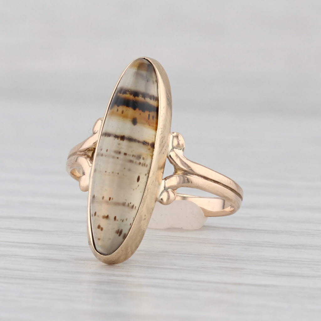 Vintage Montana Agate Cabochon Ring 10k Yellow Gold Size 6 Oval Solitaire