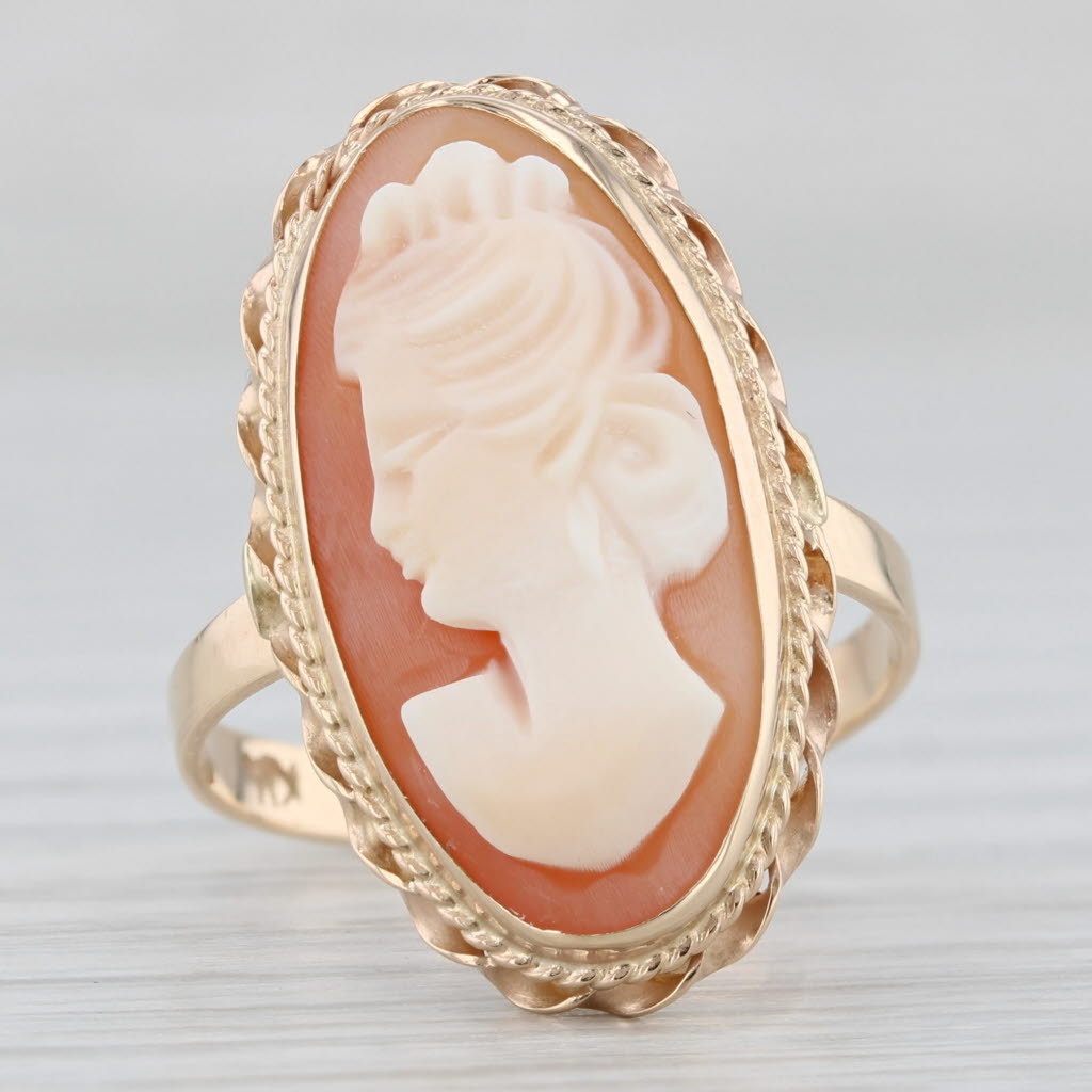 Light Gray Carved Shell Cameo Ring 14k Yellow Gold Size 6 Vintage Figural Female Bust