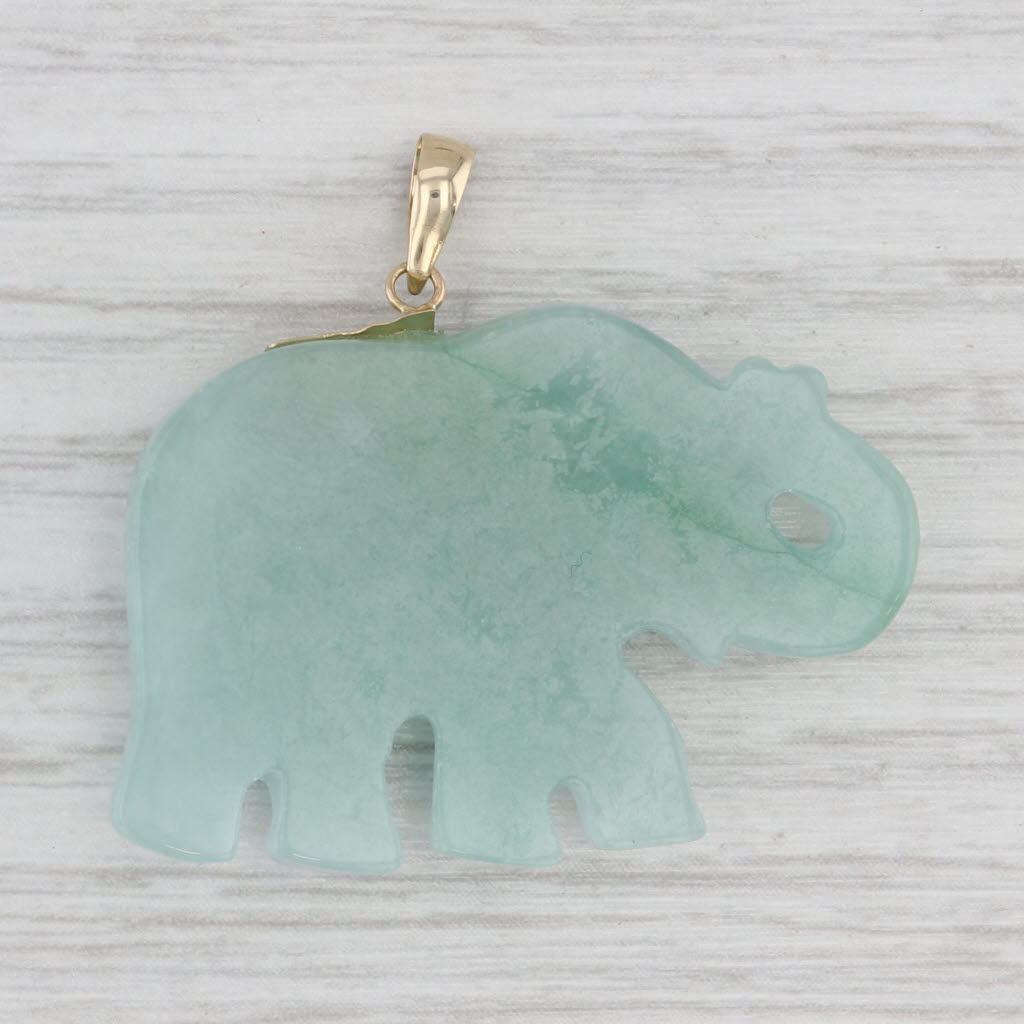 Green Jadeite Jade Elephant Pendant Shou Longevity Chinese Sapphire 14k Gold