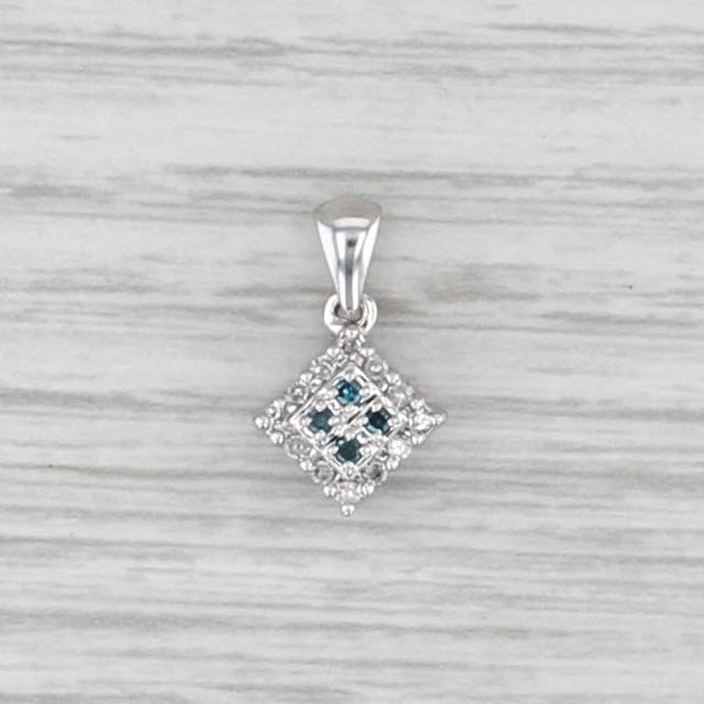 0.10ctw Blue White Diamond Halo Small Drop Pendant 10k White Gold