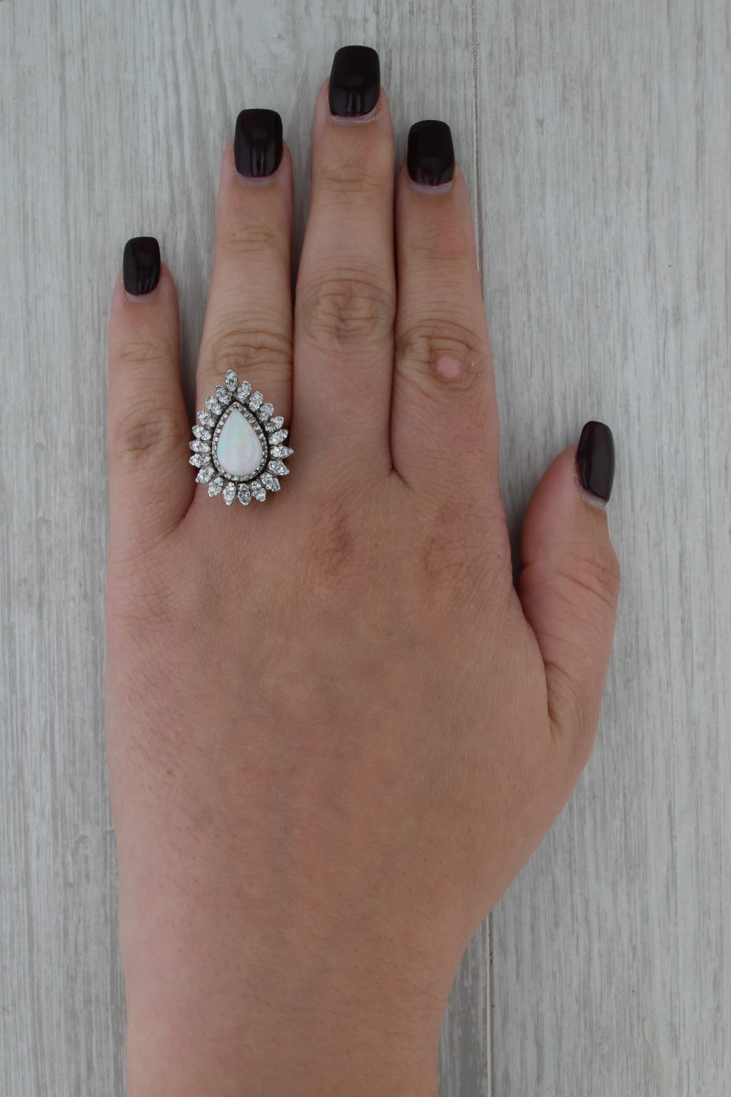 Vintage Pear Opal Diamond Halo Ring 14k White Gold Size 6-6.25 Cocktail