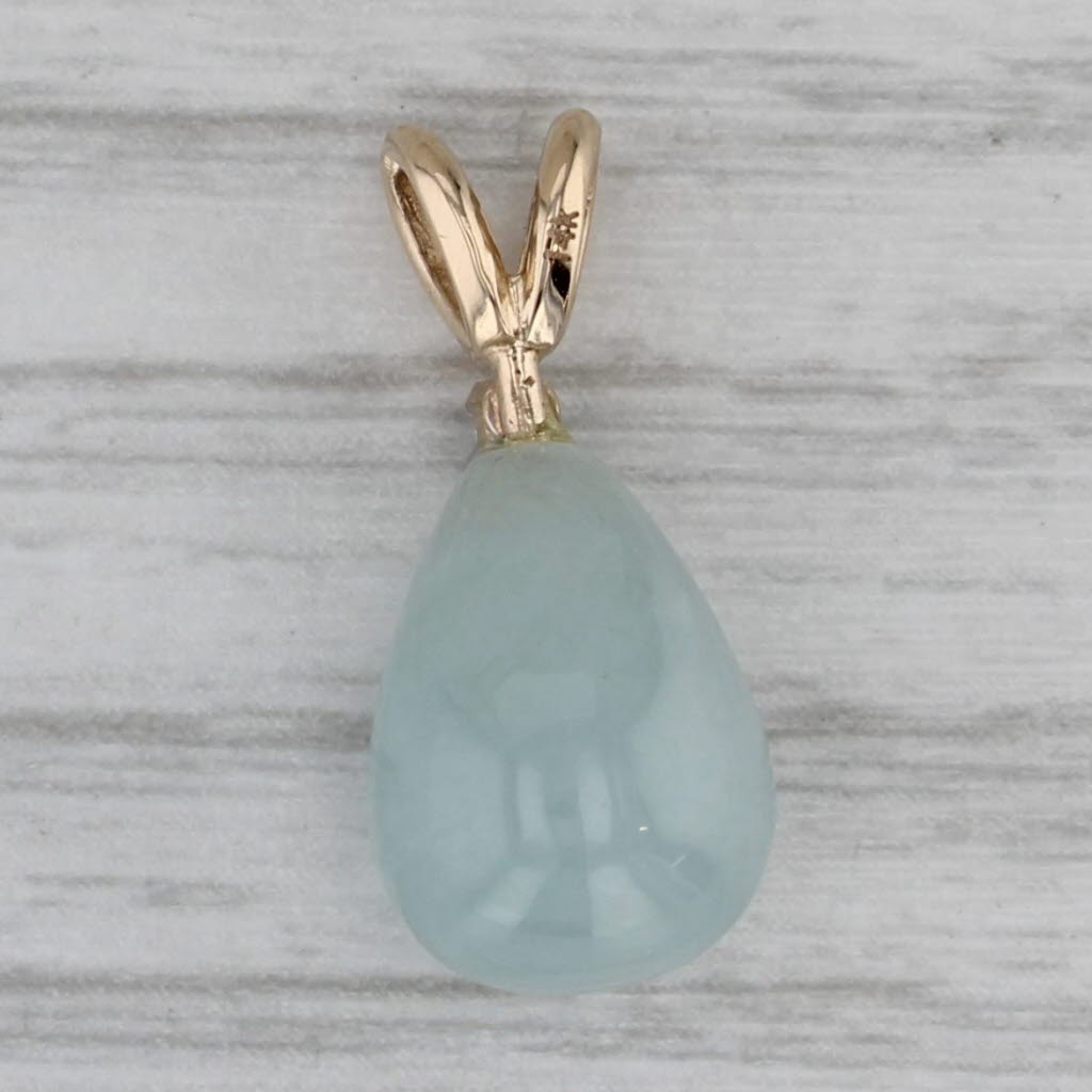 Dark Gray Green Jadeite Jade Teardrop Pendant 14k Yellow Gold Diamond Accent