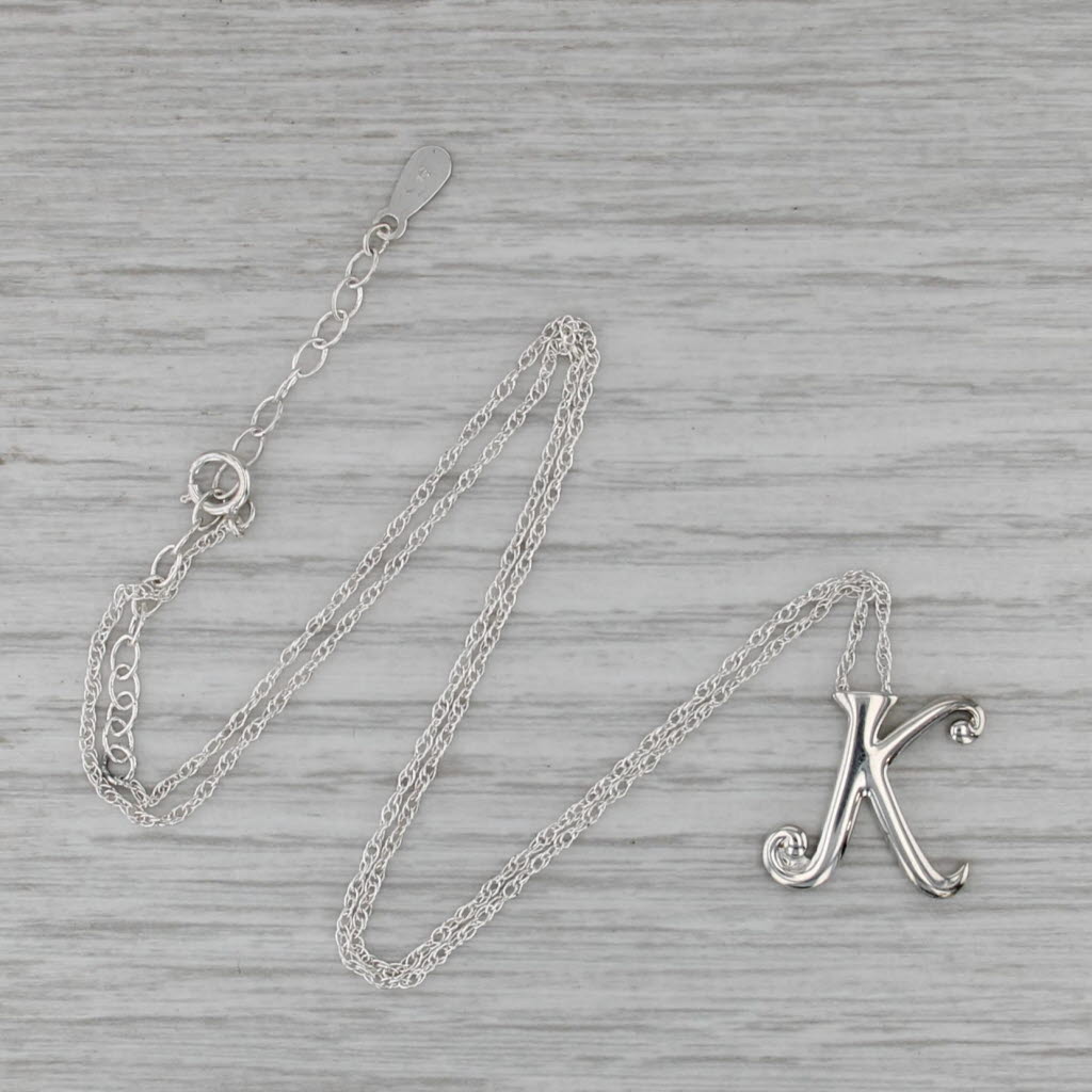 Letter Initial K Pendant Necklace Sterling Silver Cable Chain 16.5-18.5"