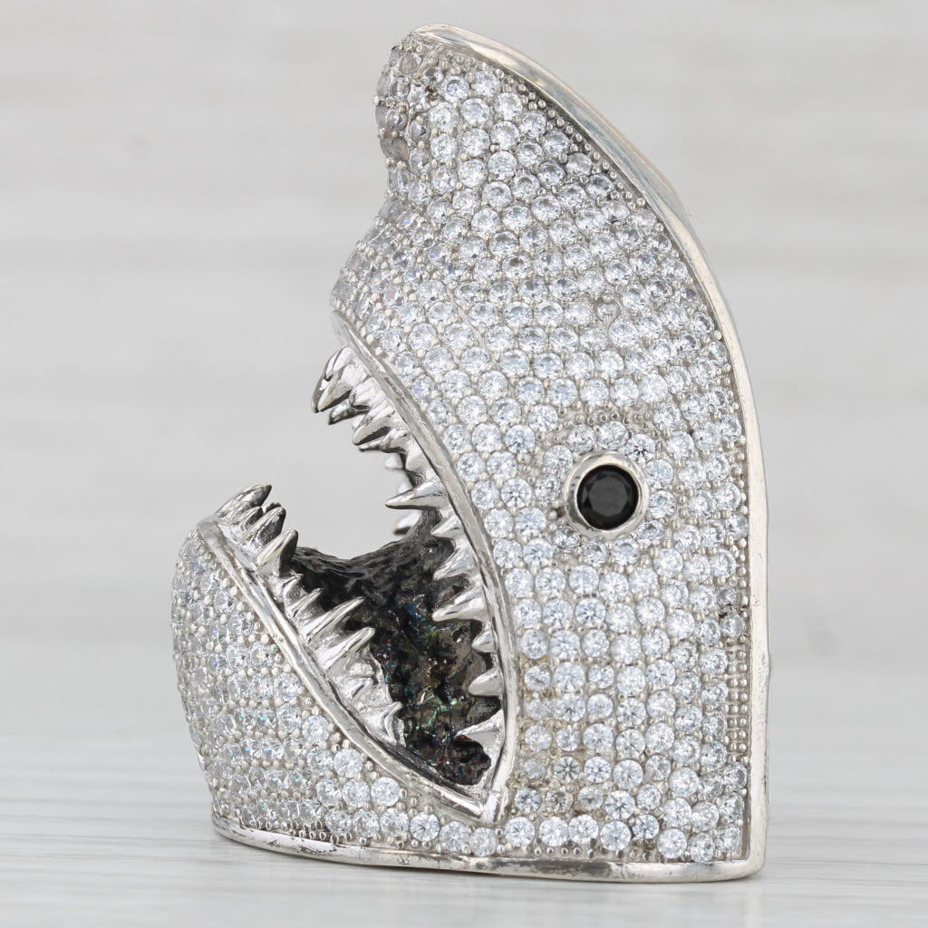 Light Gray Large Shark Head Pendant sterling Silver Black White Cubic Zirconias Nautical