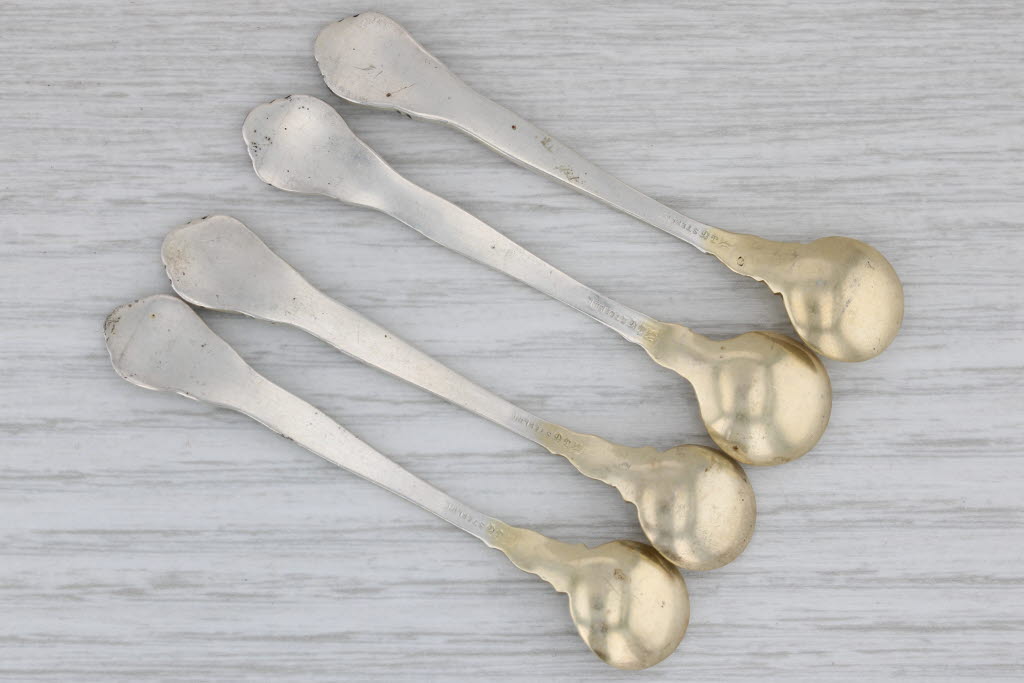 Gray Gorham Chantilly Set of 4 Salt Spoons 2 3/4" Sterling Silver Gold Wash Vintage