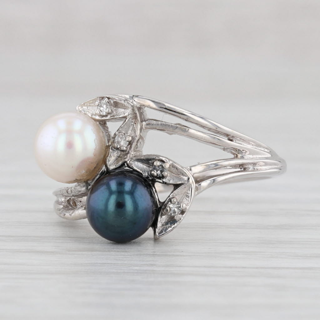Light Gray Cultured Black White Pearl Bypass Ring 14k White Gold Size 7.5
