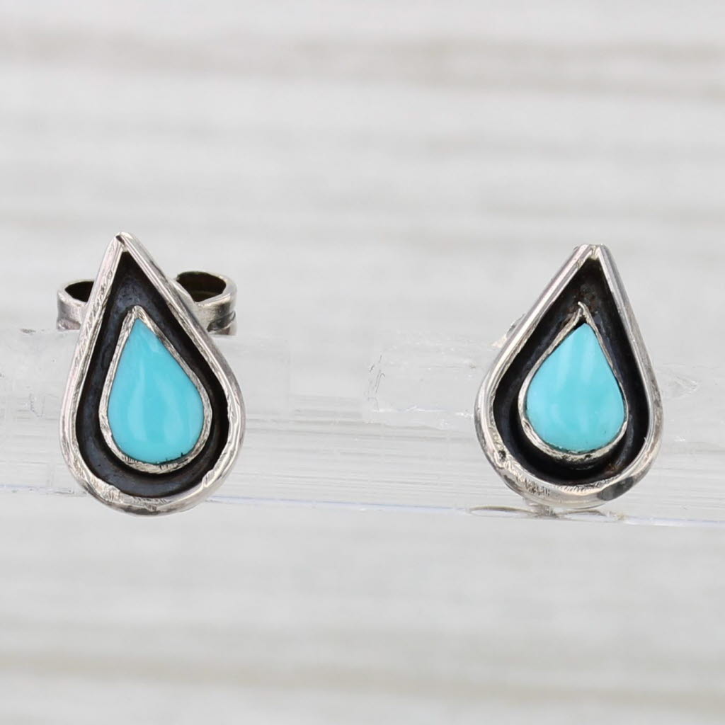 Light Gray Vintage Turquoise Howlite Stud Earrings Sterling Silver Small Teardrops