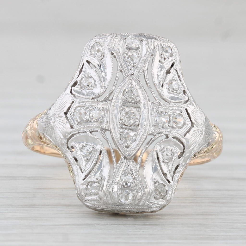 Light Gray Antique Ornate Diamond Ring 10k Gold Palladium Filigree Repousse Size 10.25