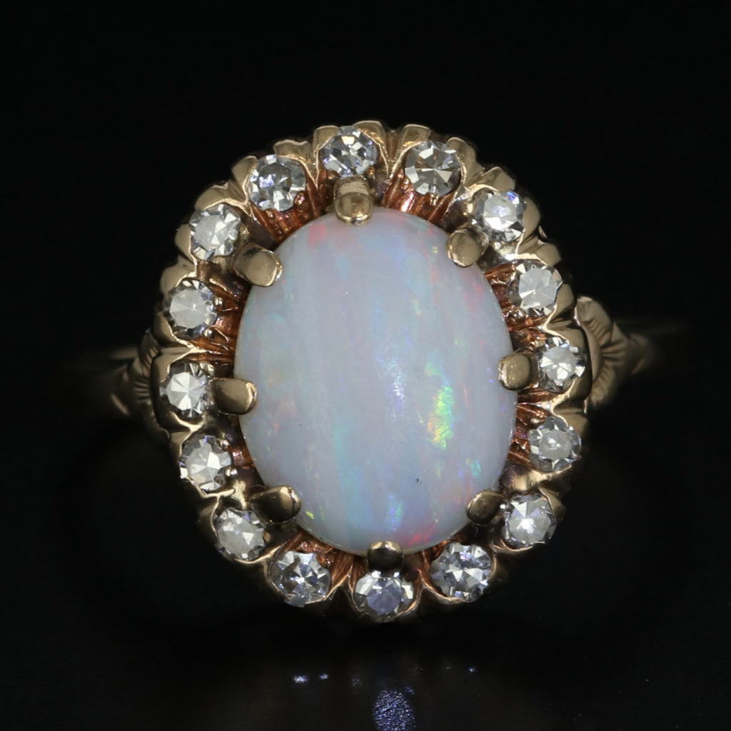 Dark Gray Vintage Opal Diamond Halo Ring 14k Yellow Gold Size 7.75 Oval Cabochon AS IS