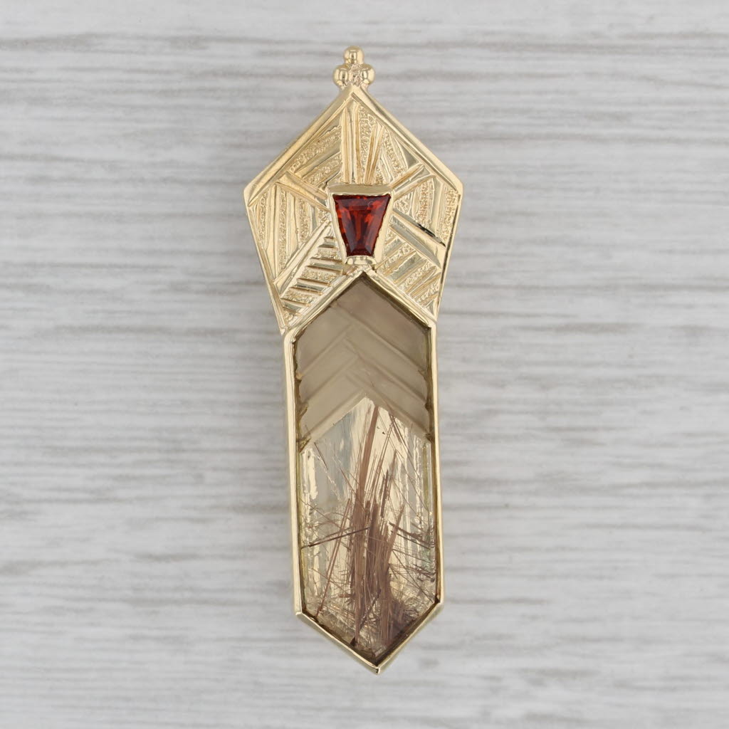 Gray Rutilated Quartz Garnet Pendant Brooch 14k Yellow Gold Vintage Pin