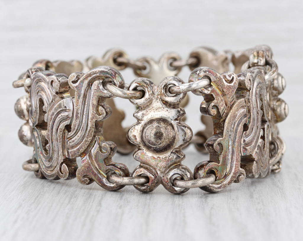 Antonio Pineda Taxco Bracelet 970 Silver Vintage Ornate Statement 7.5" 30mm