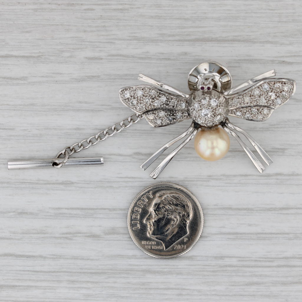 Gray Vintage Flying Bug Brooch 0.44ctw Diamond Cultured Pearl Tie Tac Pin Platinum