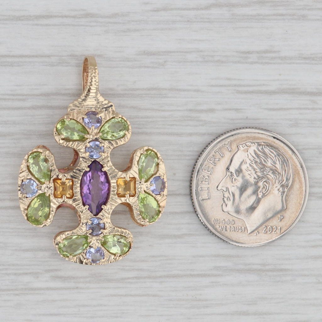 Gray 2.89ctw Gemstone Cross Pendant 14k Gold Amethyst Peridot Citrine Tanzanite