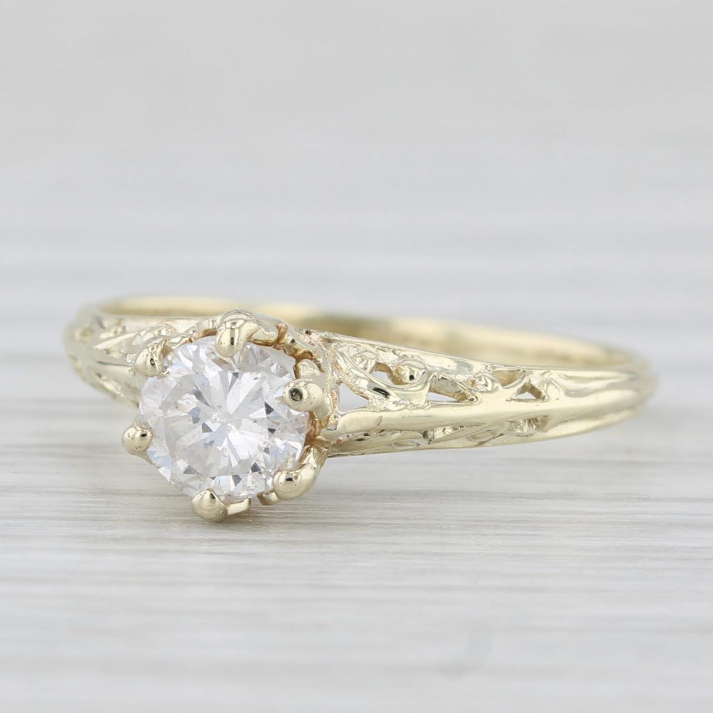 Light Gray 0.52ct Round Diamond Solitaire Engagement Ring 14k Gold Ornate Openwork Sz 6.75