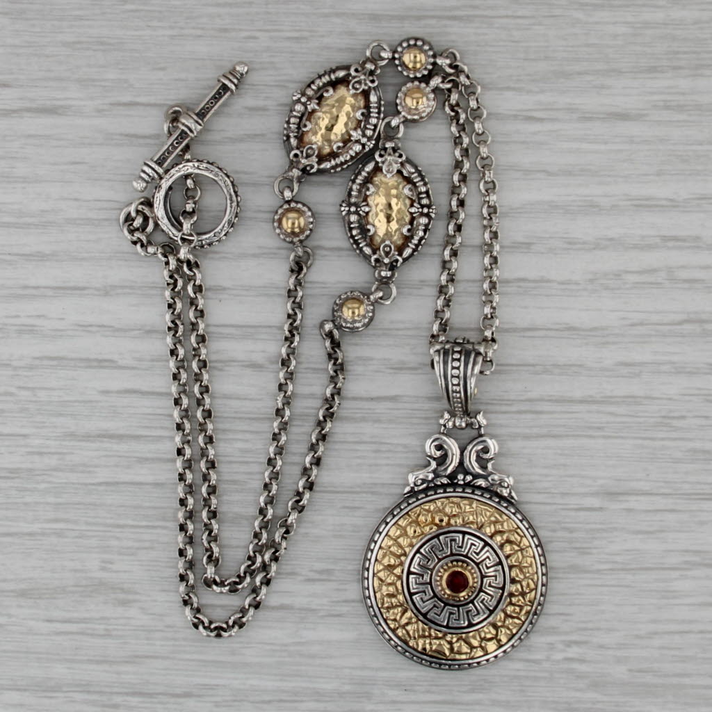 Konstantino Necklace with Pouch Sterling Silver 18k Gold Glass Nugget Greek Key