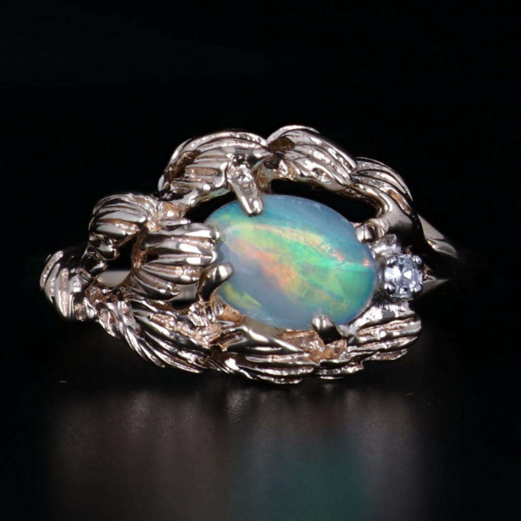 Dark Gray Opal Diamond Ring 14k Yellow Gold Size 9.25 Oval Cabochon