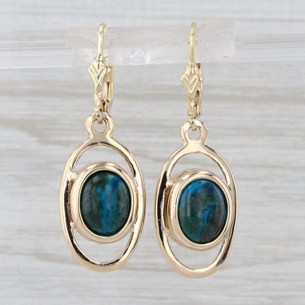 Blue Green Eilat Stone Dangle Earrings 14k Yellow Gold Lever Backs