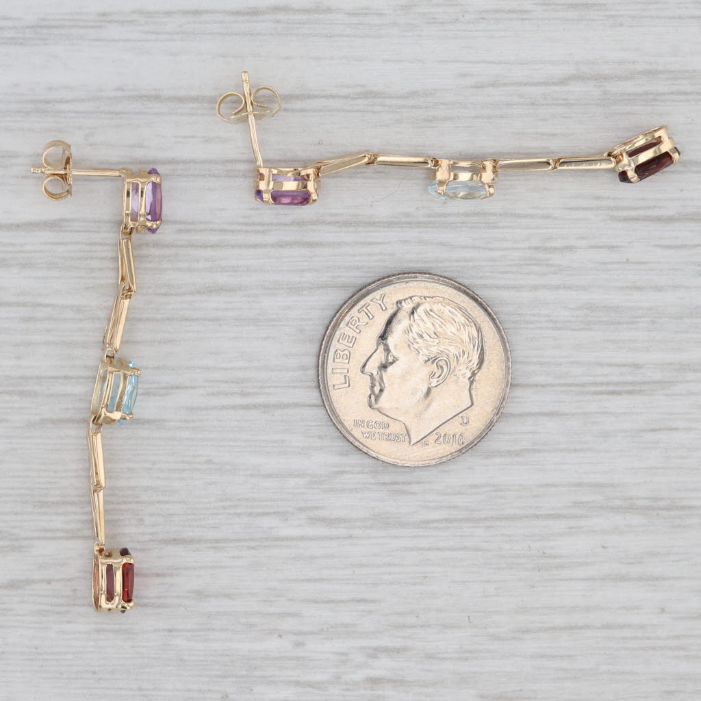 Gray 3ctw 3-Stone Journey Dangle Earrings 14k Gold Topaz Amethyst Garnet