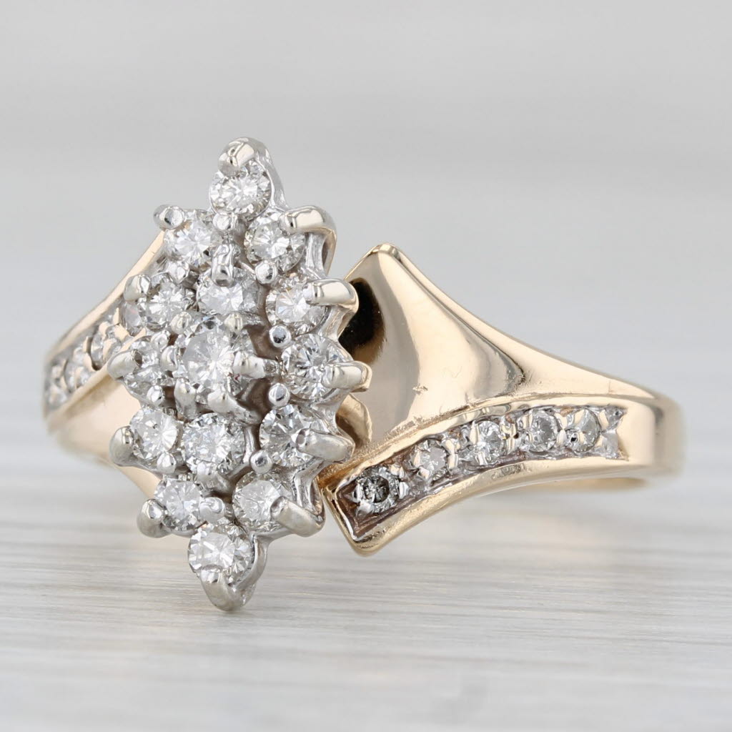 Light Gray 0.60ctw Diamond Cluster Bypass Ring 10k Yellow Gold Vintage Engagement