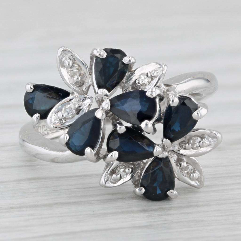 Light Gray 1.748ctw Blue Sapphire Diamond Cluster Flower Bypass Ring 14k White Gold Sz 6.25