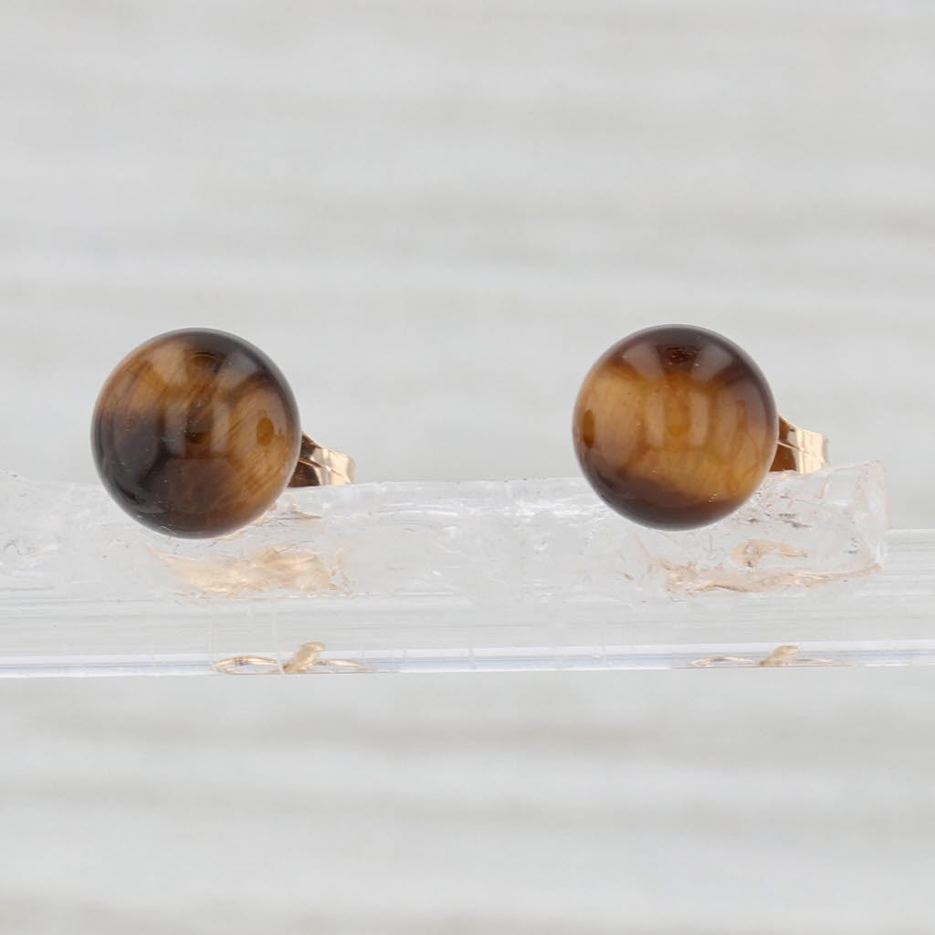 Light Gray Brown Tiger's Eye Stud Earrings 10k Yellow Gold