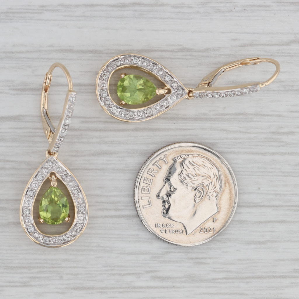 Gray 1.63ctw Peridot Diamond Teardrop Dangle Earrings 14k Yellow Gold Lever Backs