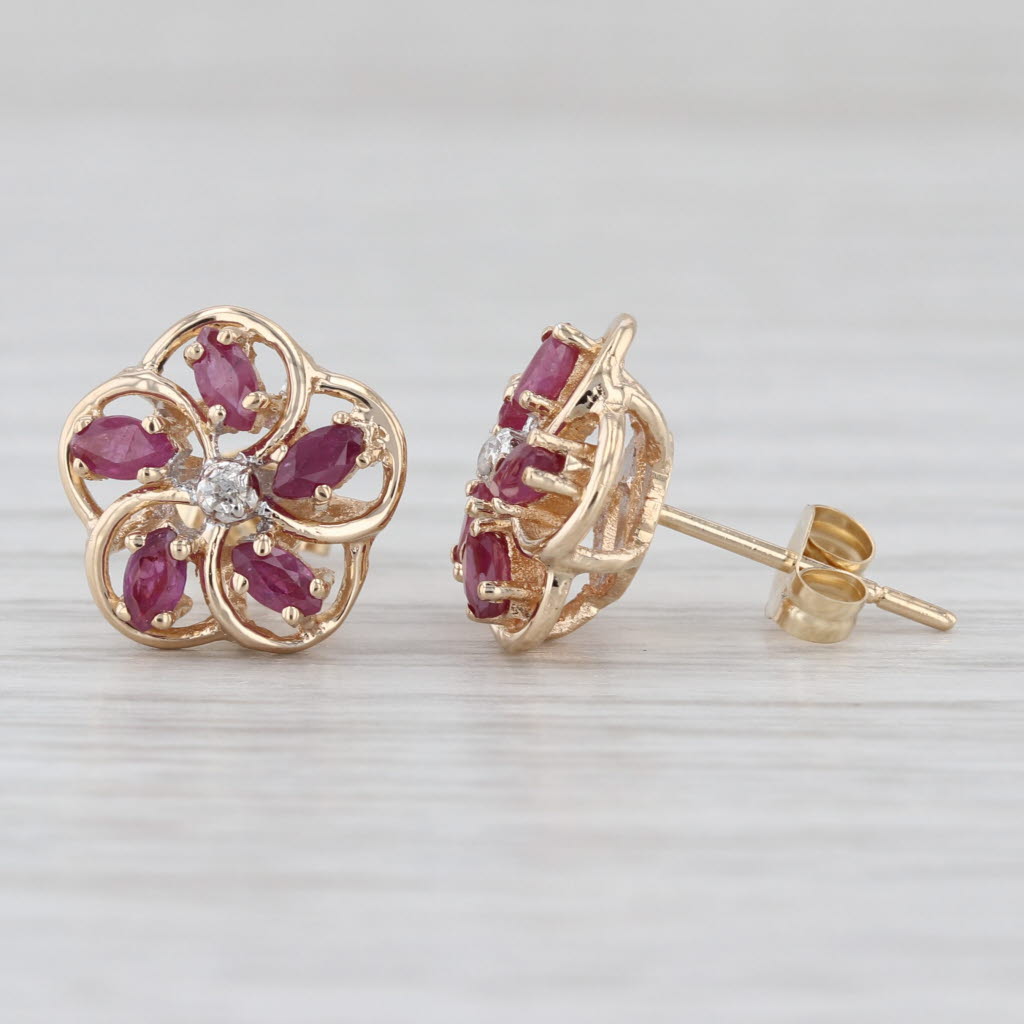 0.80ctw Ruby Flower Stud Earrings 14k Yellow Gold Studs Diamond Accents