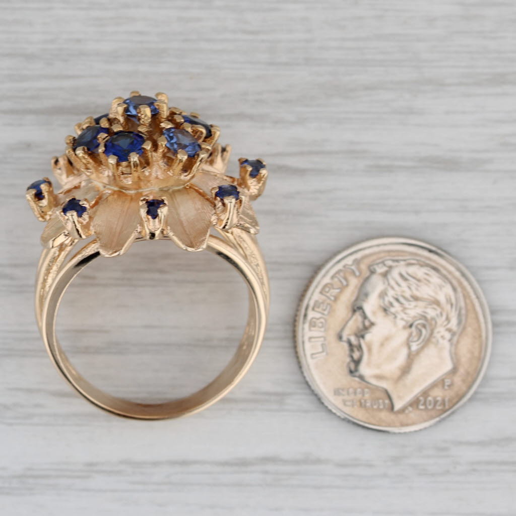 Gray Lab Created Blue Sapphire Flower Cluster Ring 14k Yellow Gold Cocktail Size 7.5