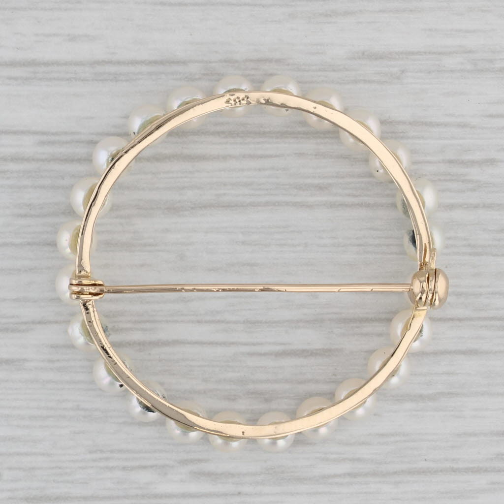 Gray Vintage Cultured Pearl Eternity Circle Brooch 14k Yellow Gold Pin