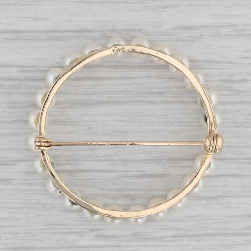 Vintage Cultured Pearl Eternity Circle Brooch 14k Yellow Gold Pin
