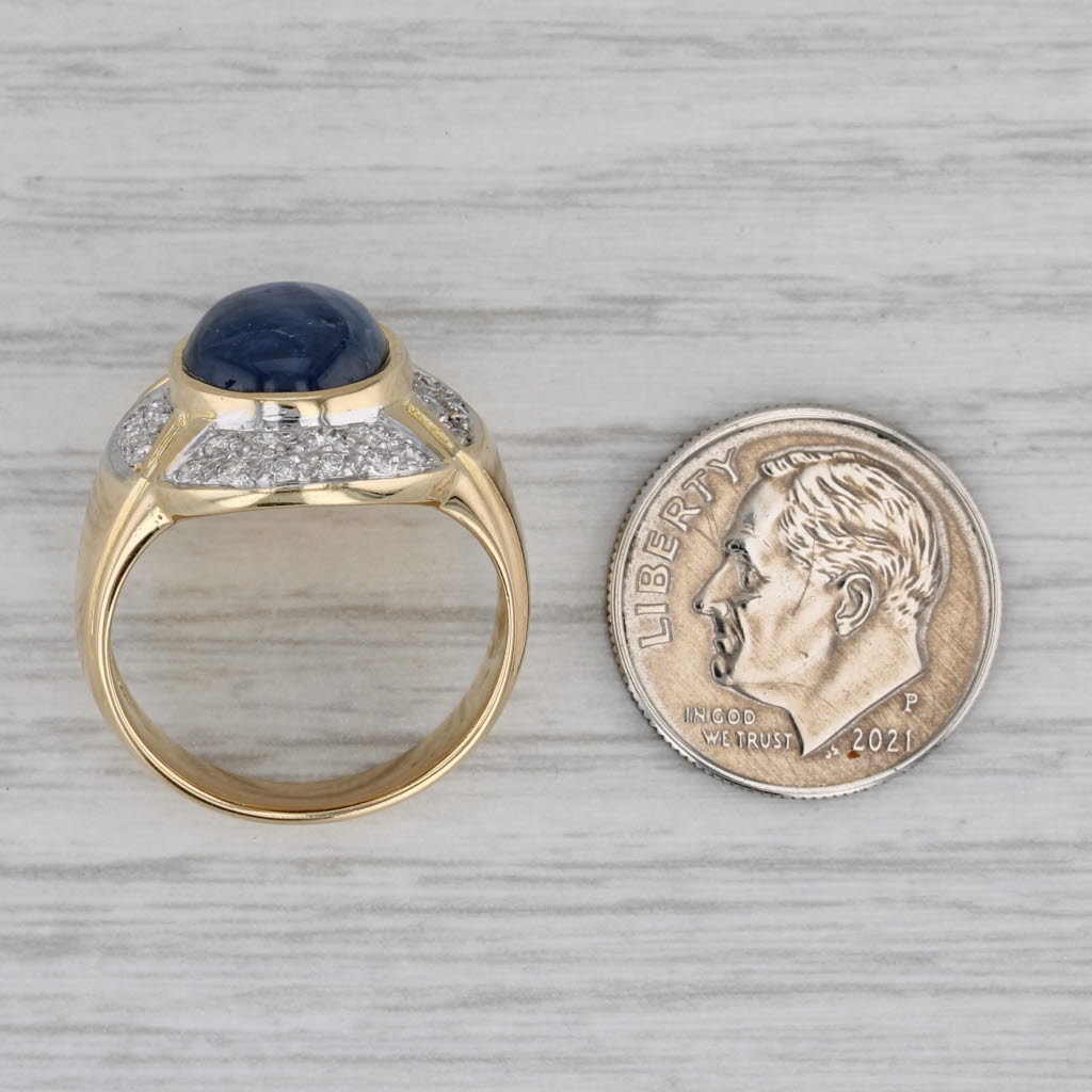 Gray Oval Cabochon Blue Sapphire Diamond Halo Ring 18k Yellow Gold Size 6.75-7