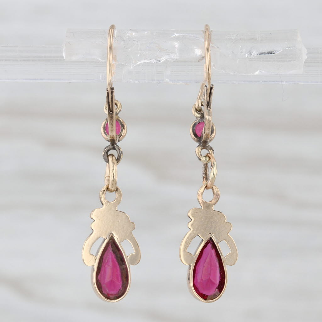 Antique Red Glass Teardrop Dangle Earrings 9k Yellow Gold Hook Posts