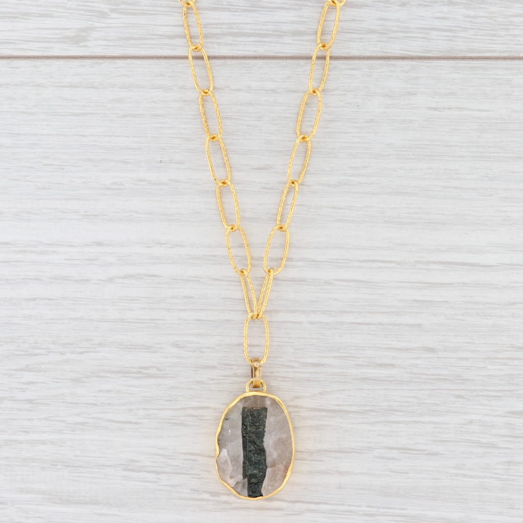 New Nina Wynn Druzy Tourmaline Quartz Pendant Necklace Sterling Gold Vermeil
