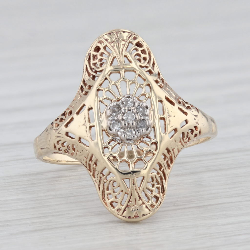 Light Gray Vintage Art Deco Diamond Filigree Ring 10k Yellow Gold Size 8