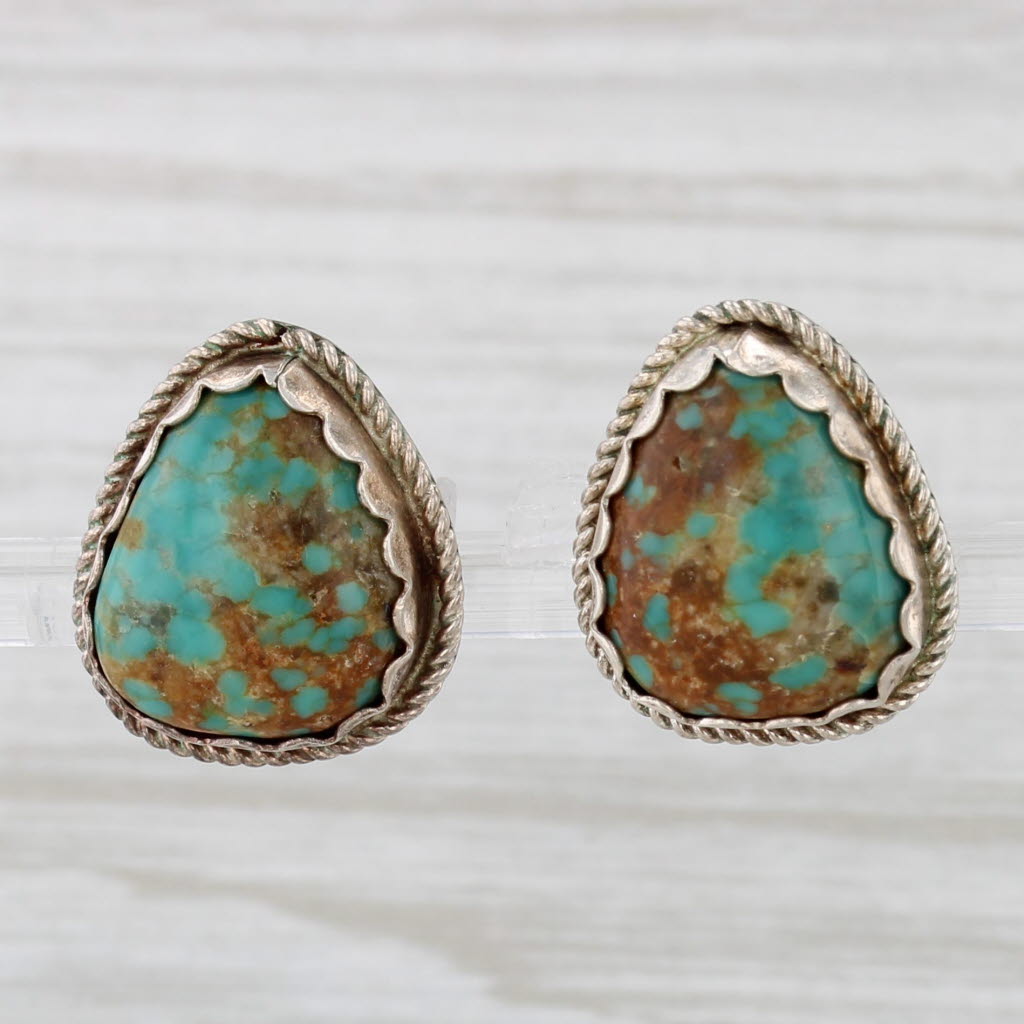 Light Gray Vintage Native Turquoise Stud Earrings Sterling Silver Pear Cabochon