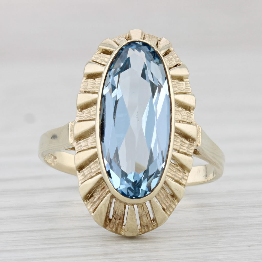 Light Gray Vintage Lab Created Blue Spinel Ring 8k Yellow Gold Size 7.75 Oval Solitaire