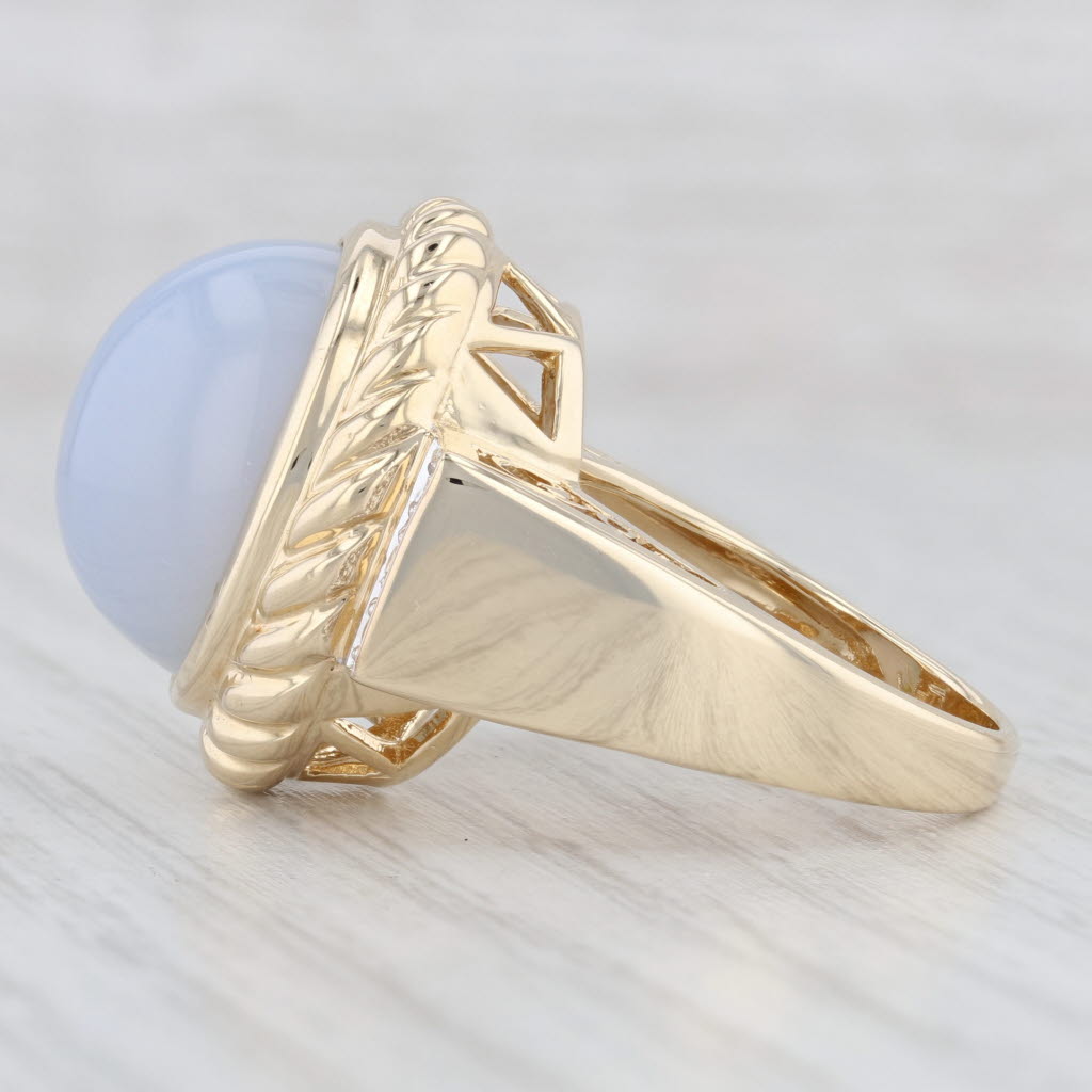 Light Gray Blue Chalcedony Diamond Ring 14k Yellow Gold Size 8.5 Oval Cabochon