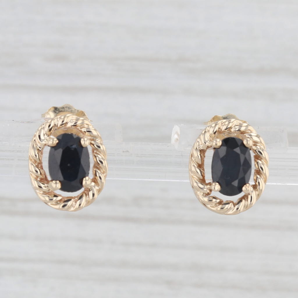 Light Gray 1ctw Blue Sapphire Stud Earrings 10k Yellow Gold Oval Solitaires