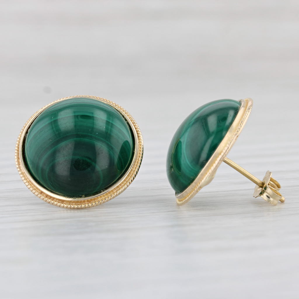 Light Gray Green Malachite Cabochon Stud Earrings 10k Yellow Gold