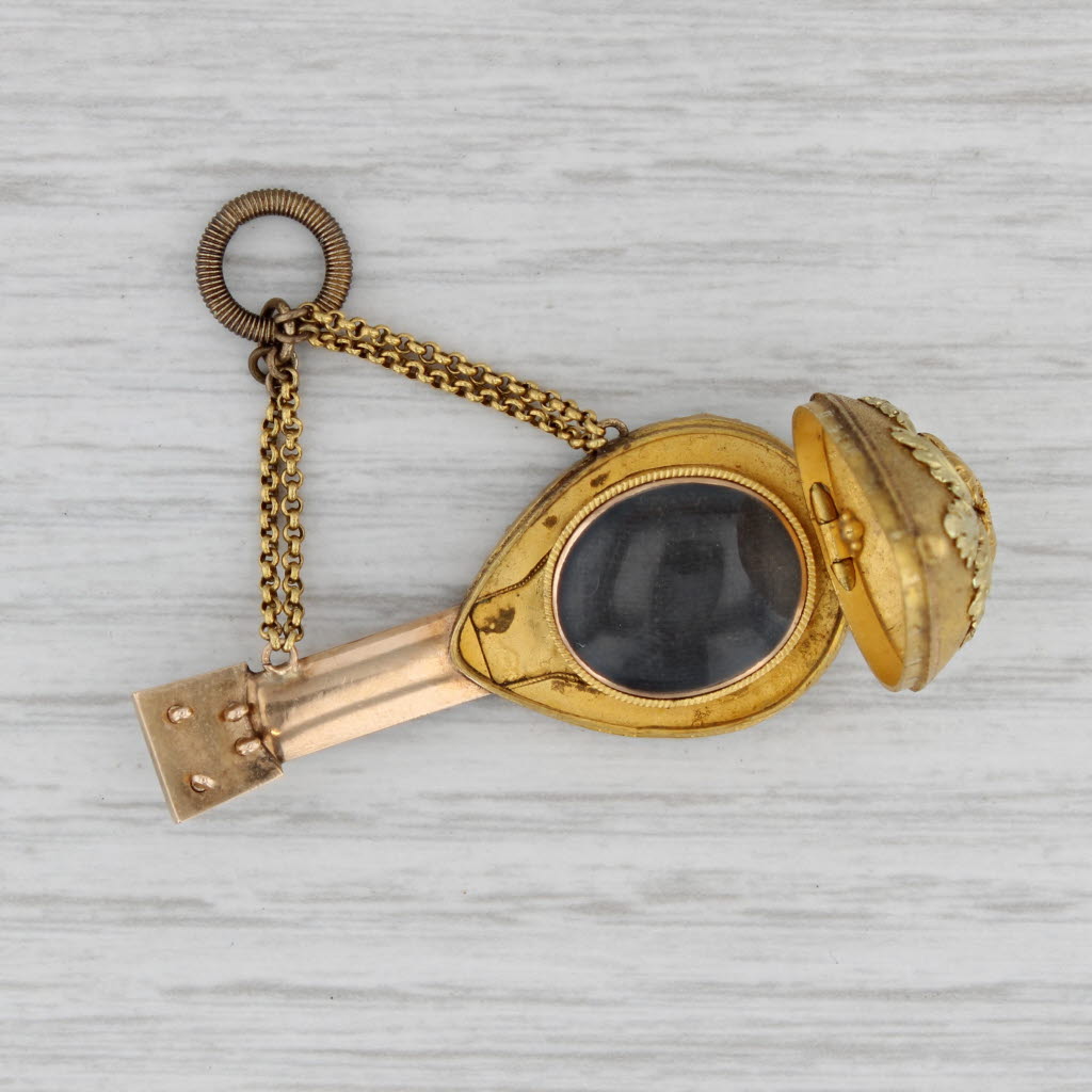 Gray 1800s Antique Mandolin Charm Fob Pendant 18k 21k Gold 0.50ctw Emeralds Guitar