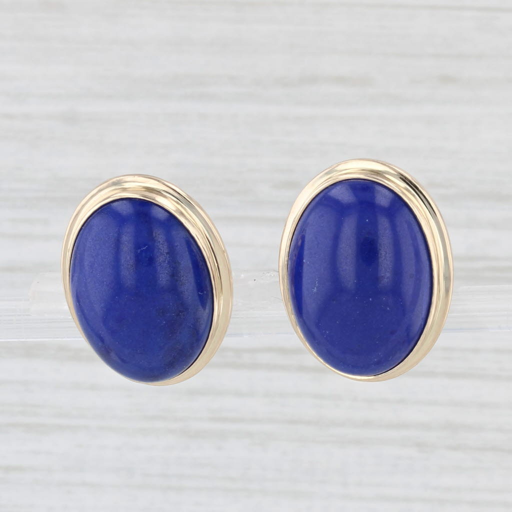 Light Gray Ming's Blue Lapis Lazuli Drop Earrings 14k Yellow Gold Oval Cabochon Omega Backs