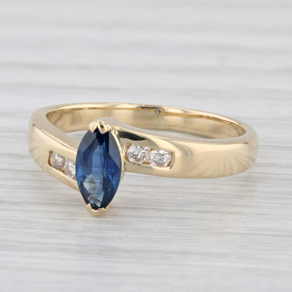 Light Gray 0.67ctw Marquise Blue Sapphire Diamond Ring 18k Yellow Gold Bypass Size 6