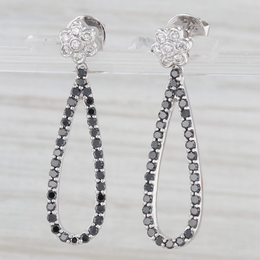 Light Gray 1.20ctw Black White Diamond Flower Teardrop Dangle Earrings 18k White Gold