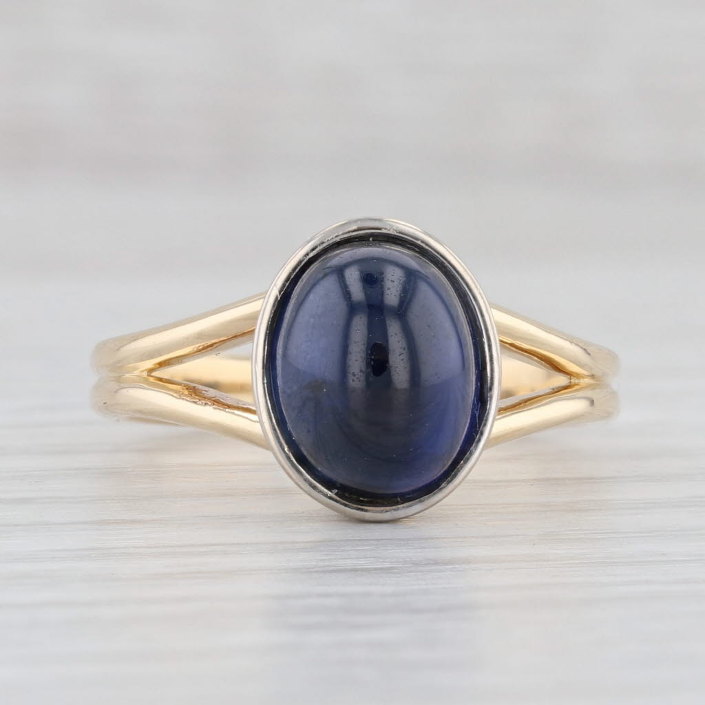 Light Gray Lab Created Sapphire Ring 14k Yellow Gold Oval Cabochon Solitaire Size 7.5