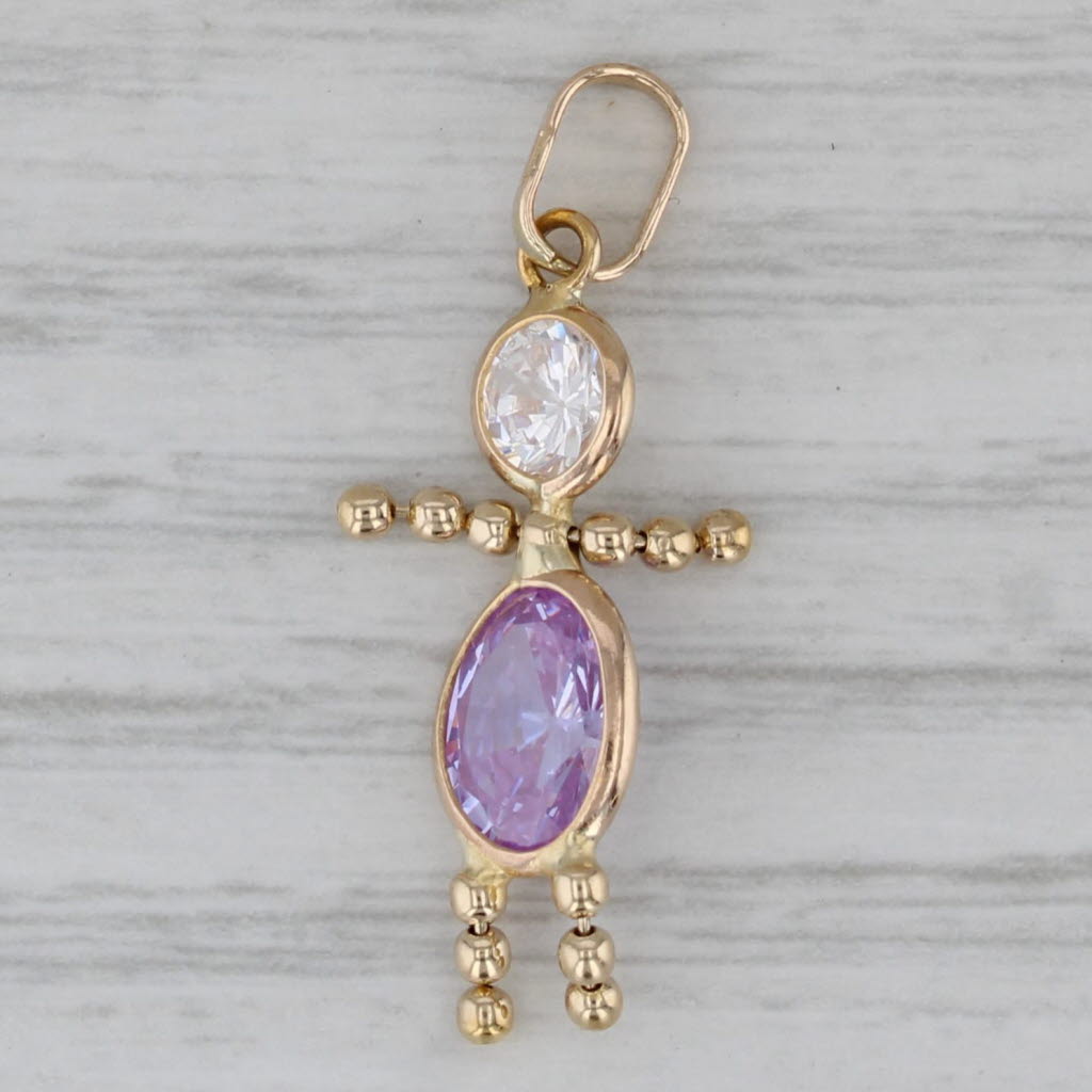 Gray Birthstone Doll Child Pendant 14k Gold Purple Cubic Zirconia February Charm