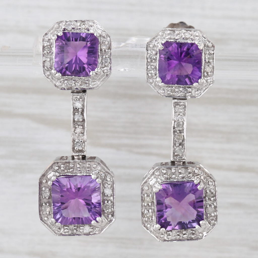 4.16ctw Amethyst Diamond Halo Drop Earrings 10k White Gold
