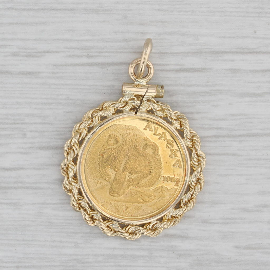 Gray 1994 Alaska Grizzly Bear Coin Pendant 14k 999 Gold State Great Seal