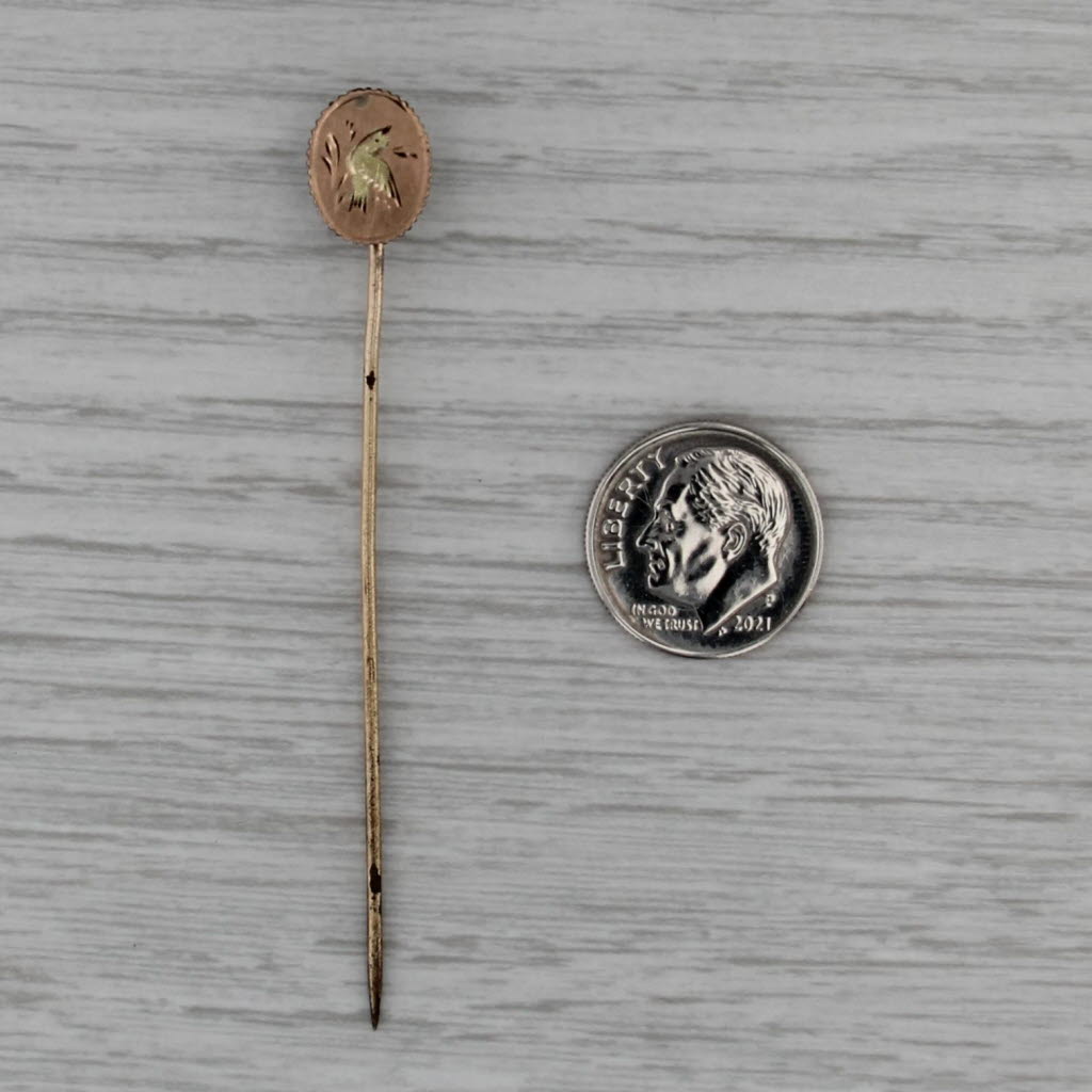 Antique Victorian Engraved Bird Stickpin Gold Filled Rose Yellow Green