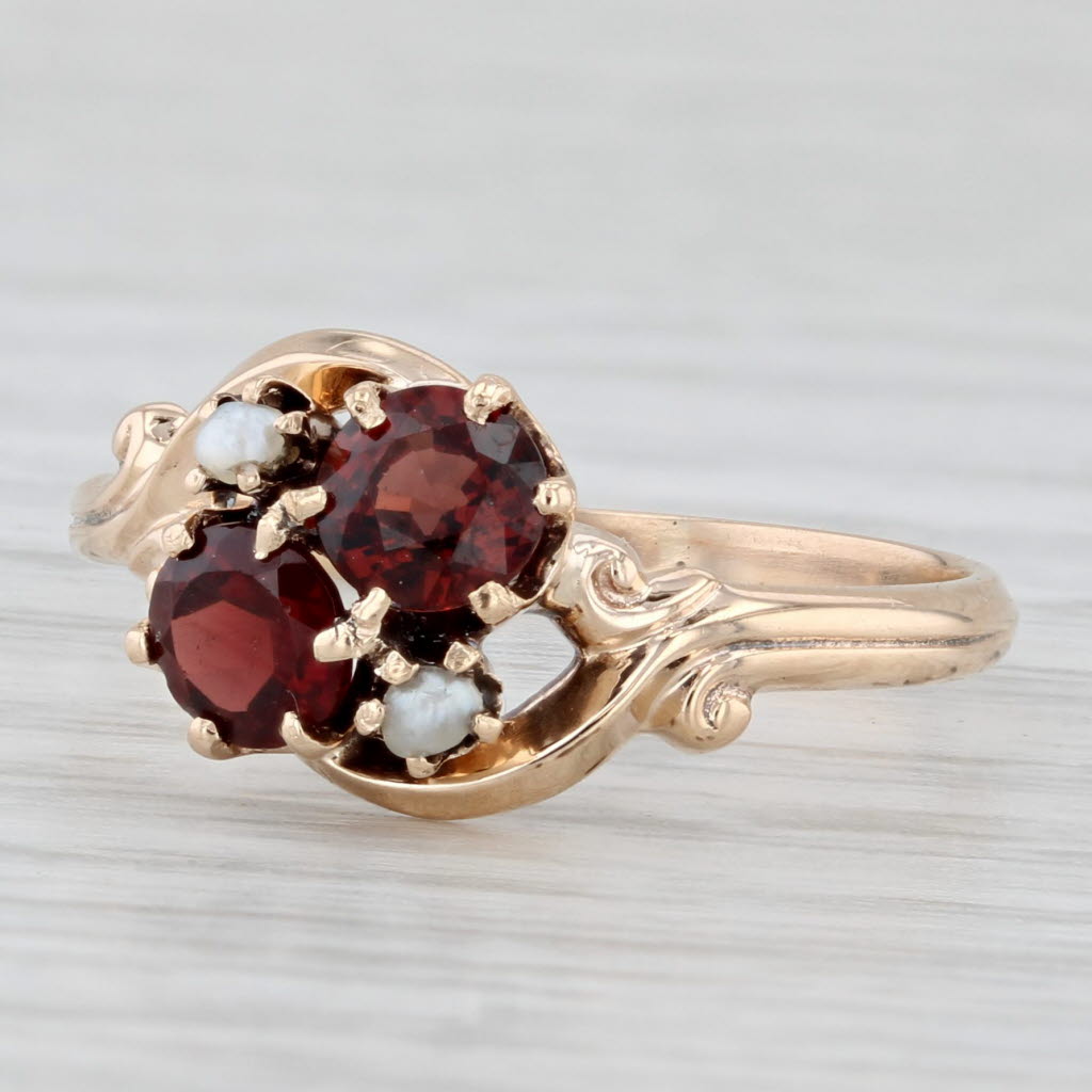 Light Gray Victorian 1ctw Garnet Pearl Bypass Ring 9k Yellow Gold Size 7