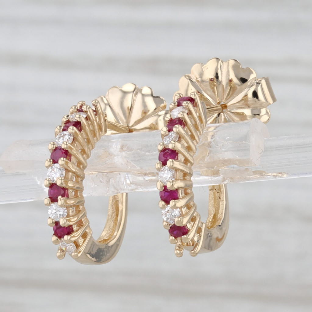 0.57ctw Ruby Diamond Hoop Earrings 14k Yellow Gold Small Hoops